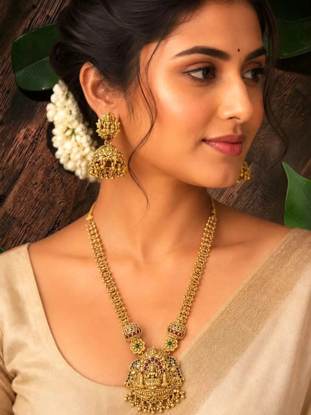 Gold Plated Temple Long Necklace Set