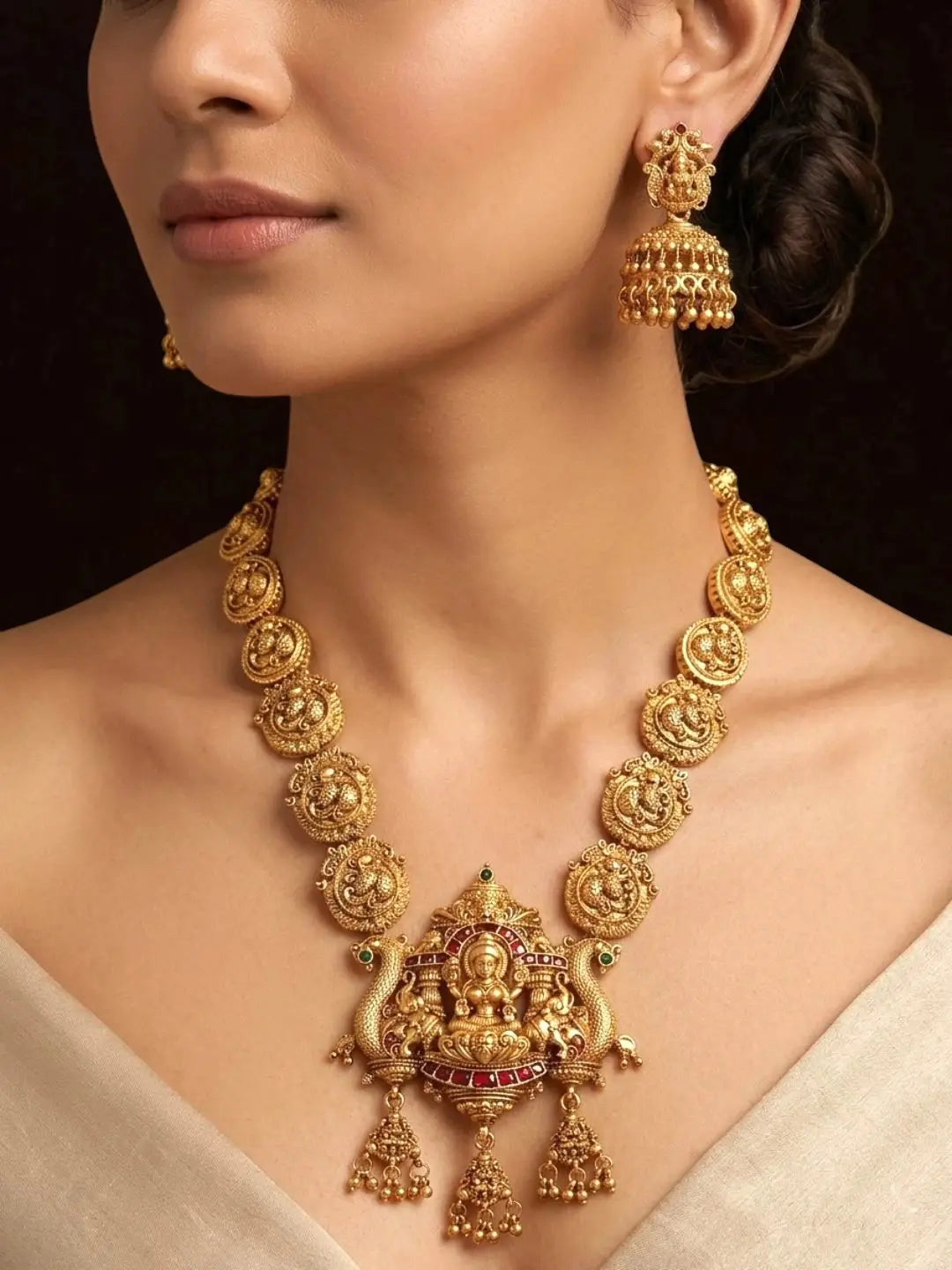 Gold Plated Temple Style Long Necklace Set