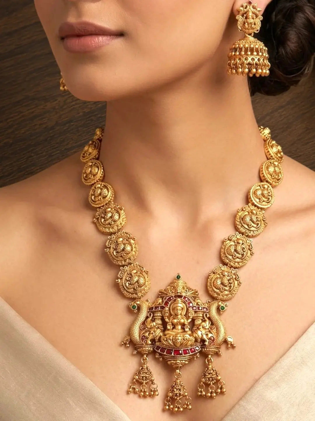 Gold Plated Temple Style Long Necklace Set
