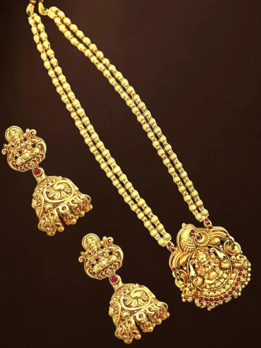 Gold Plated Temple Design Matar Mala Necklace Set