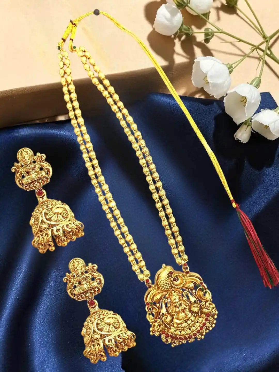Gold Plated Temple Design Matar Mala Necklace Set