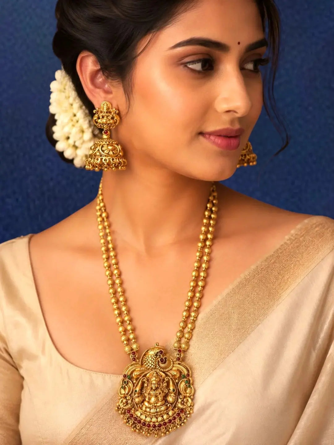 Gold Plated Temple Design Matar Mala Necklace Set