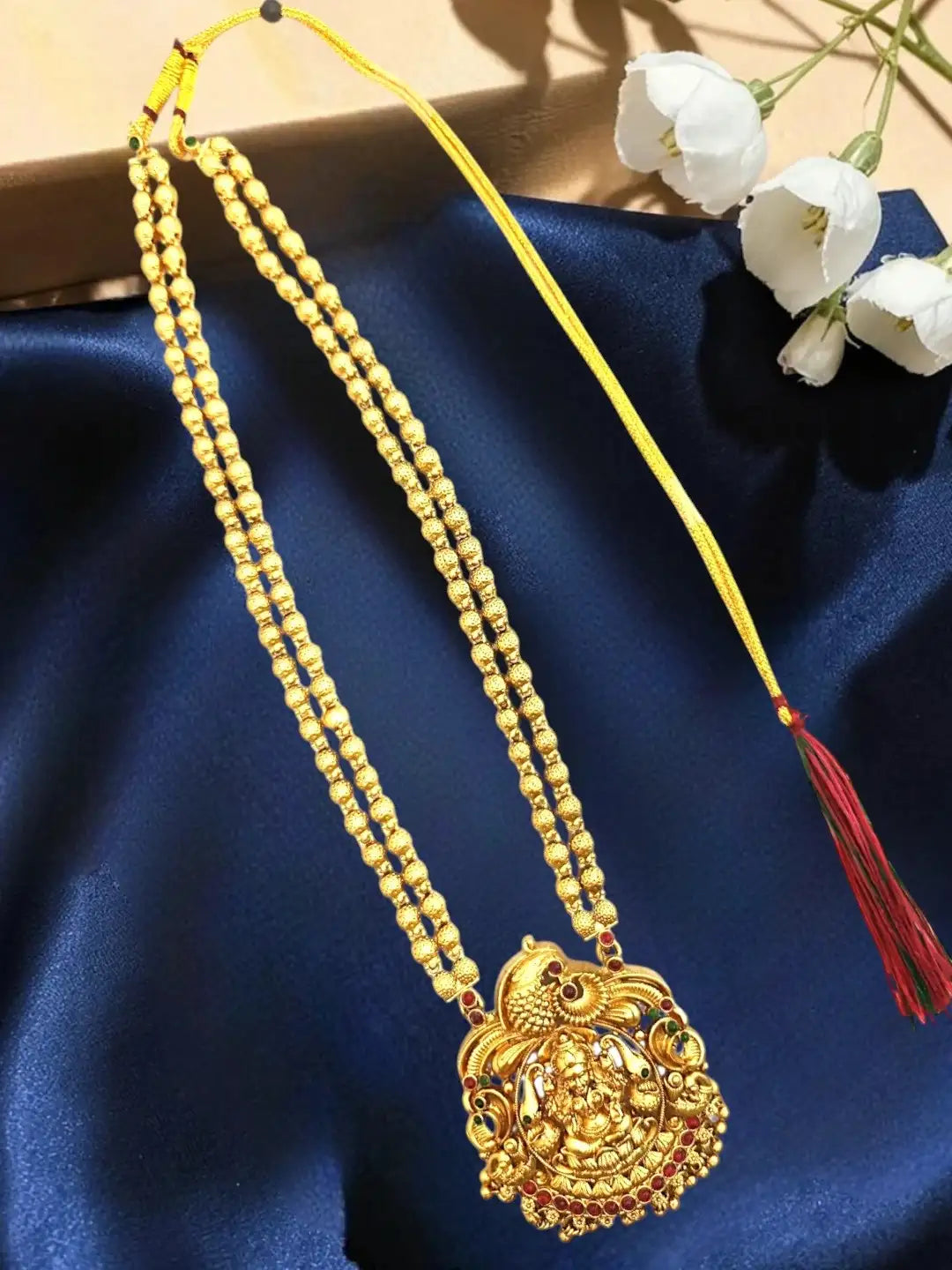 Gold Plated Temple Design Matar Mala Necklace Set