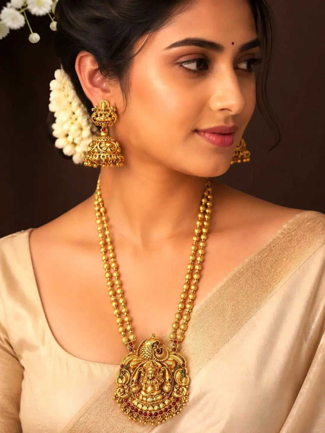 Gold Plated Temple Design Matar Mala Necklace Set