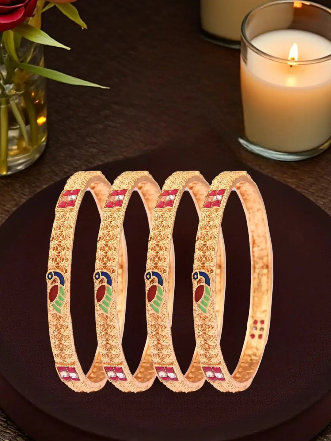 Traditional Gold Plated Meenakari Stone Studded 4Pc Kada Bangle