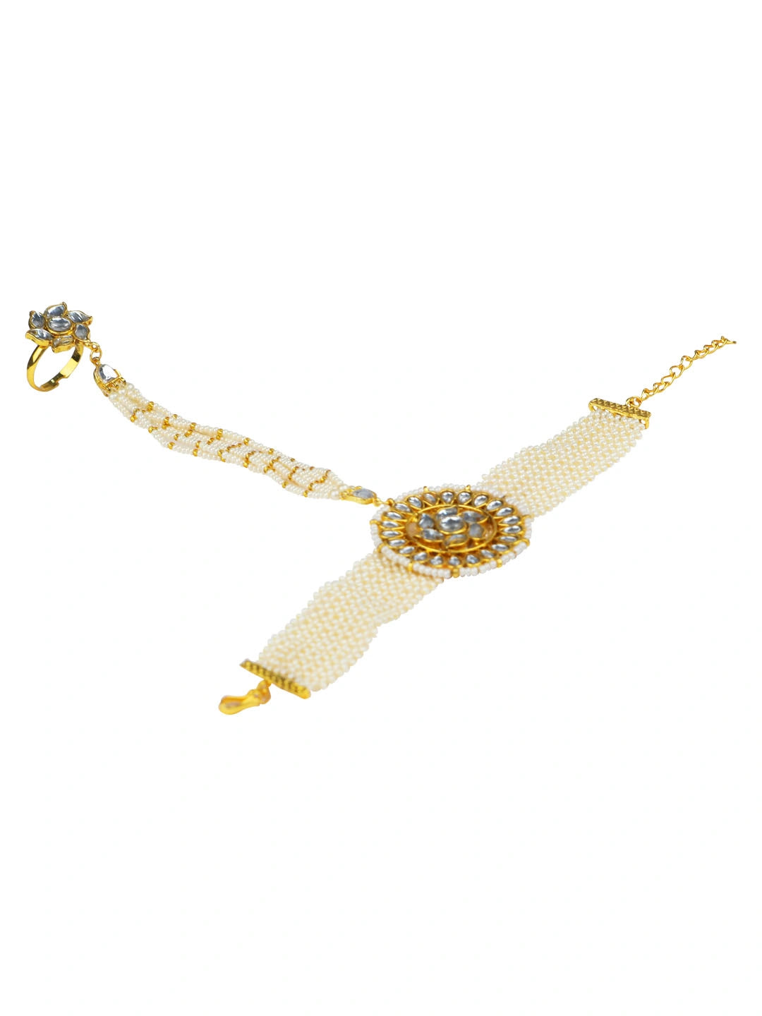 Rajasthani Kundan Pearl Haathphool Bracelet