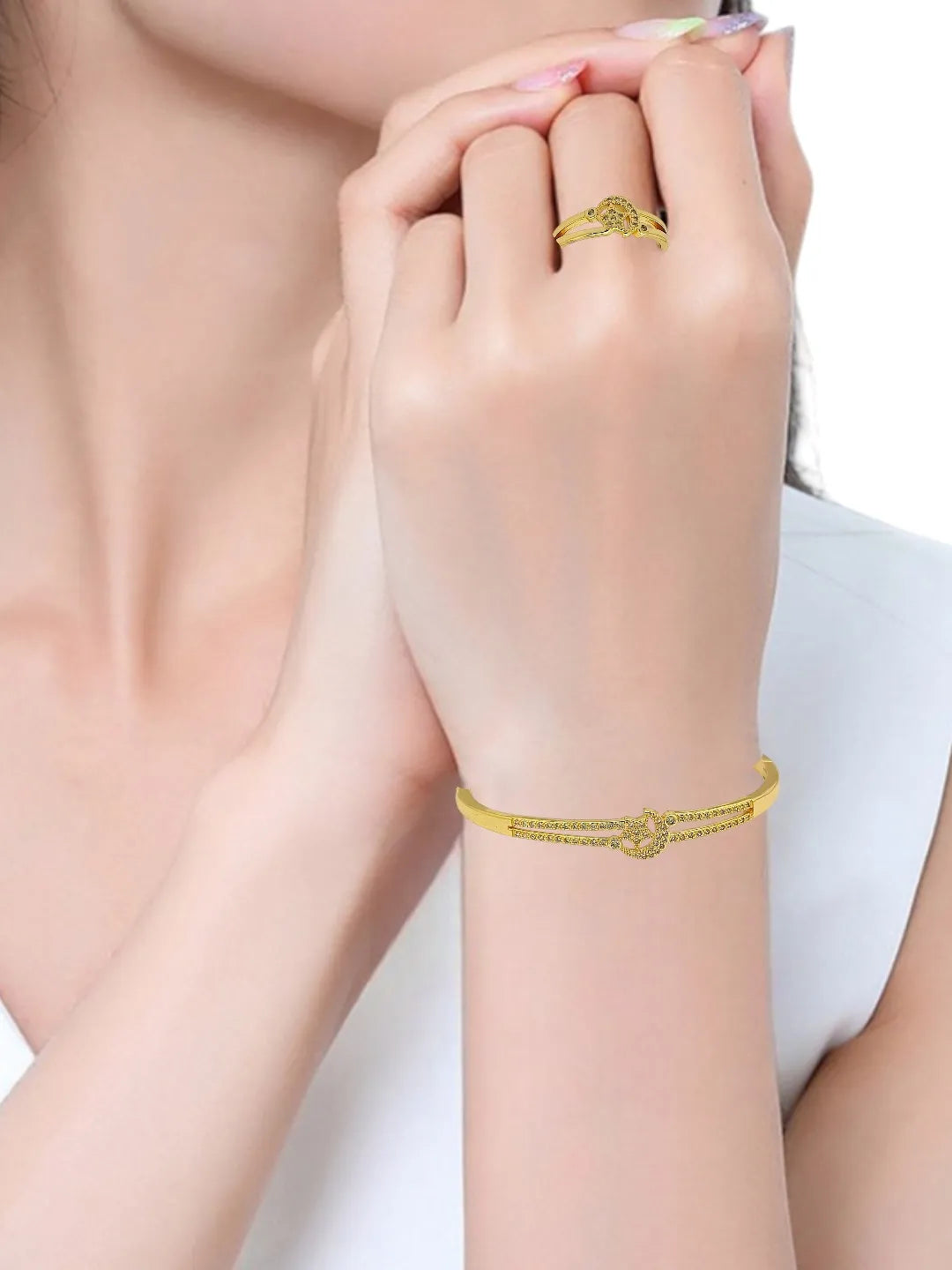 Women 2 Cubic Zirconia Handcrafted Gold Plated Kada Bracelet