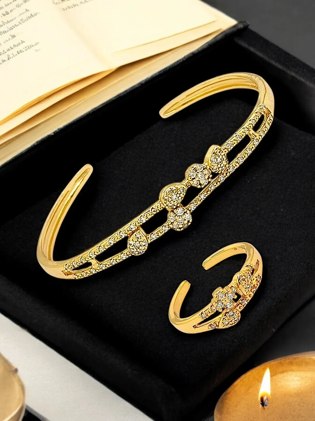 Gold Plated Cuff Bracelet With finger Ring