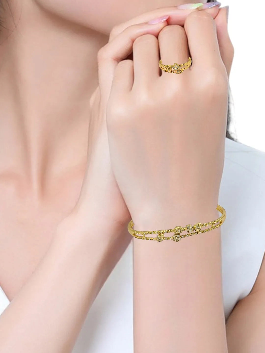 Gold Plated Cuff Bracelet With finger Ring