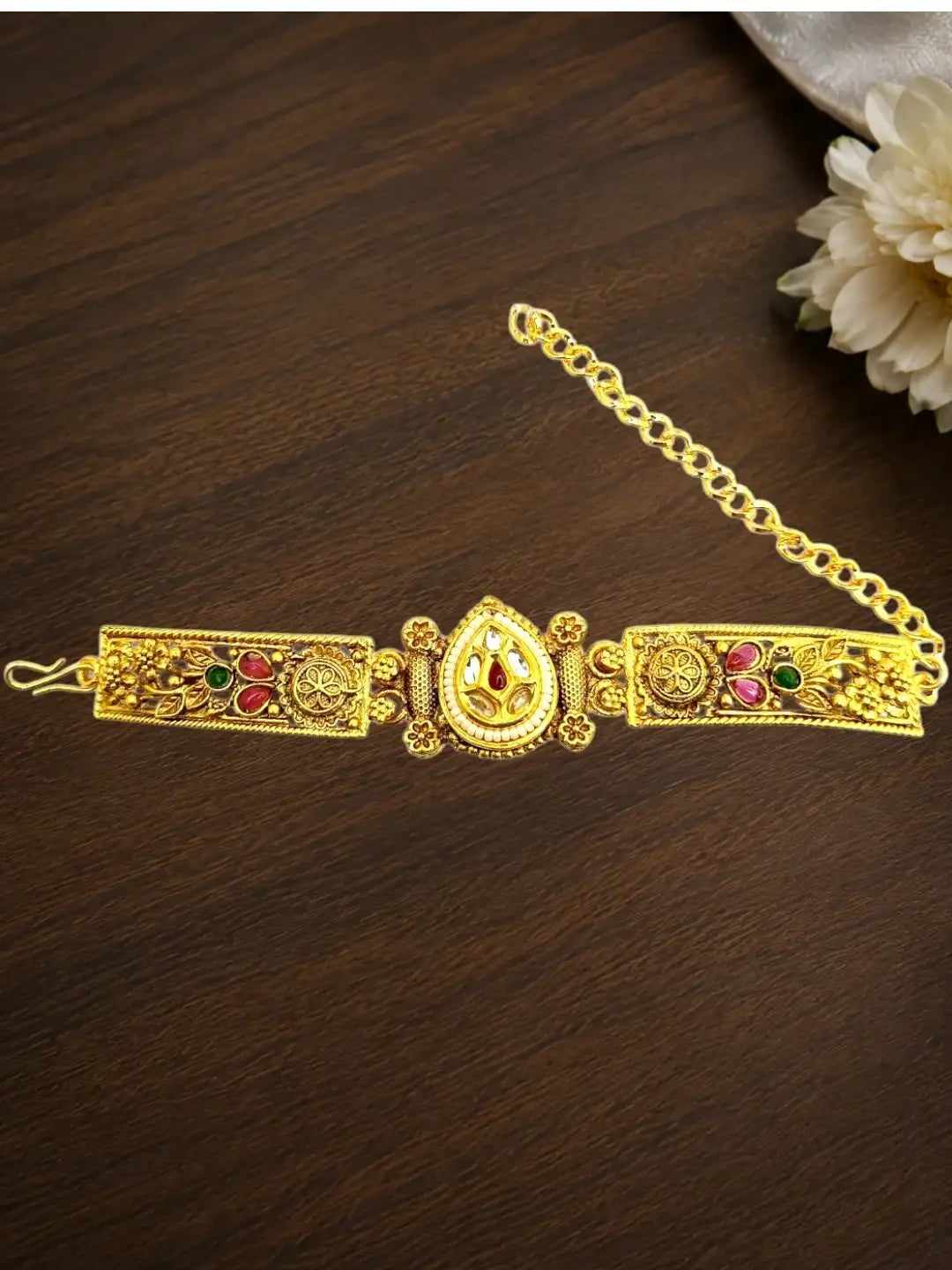 Gold Plated Kundan Rajwadi Adjustable Bracelet