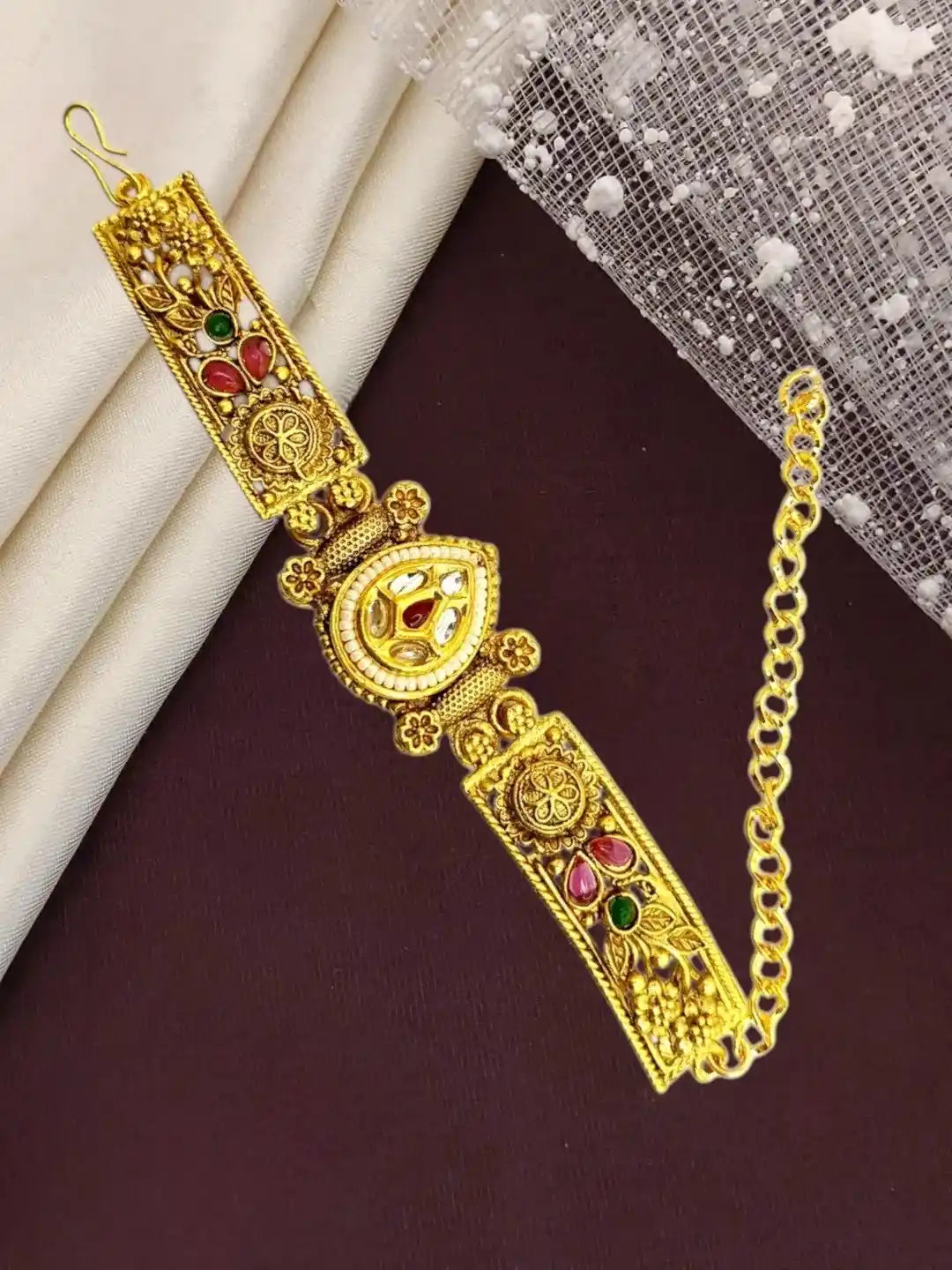 Gold Plated Kundan Rajwadi Adjustable Bracelet