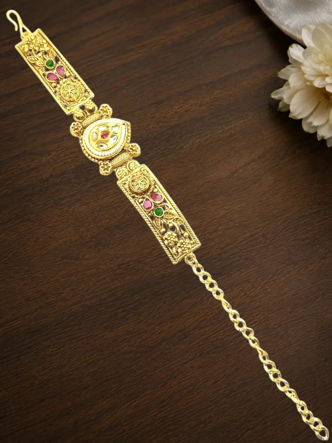 Gold Plated Kundan Rajwadi Adjustable Bracelet