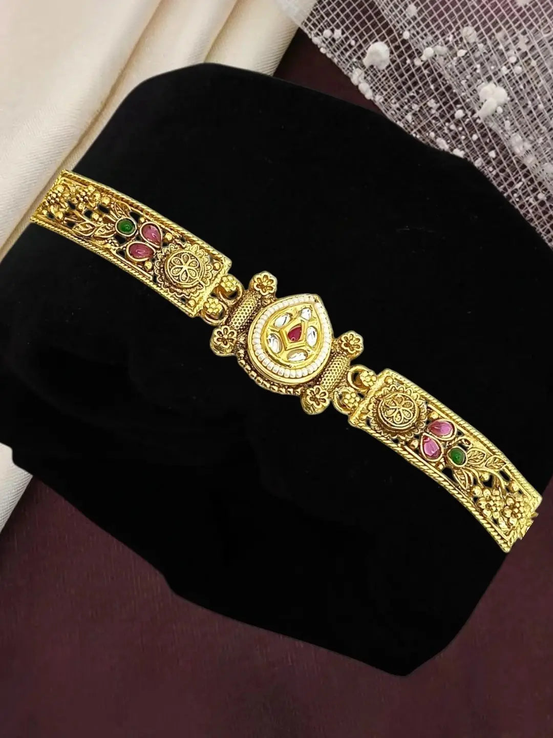Gold Plated Kundan Rajwadi Adjustable Bracelet