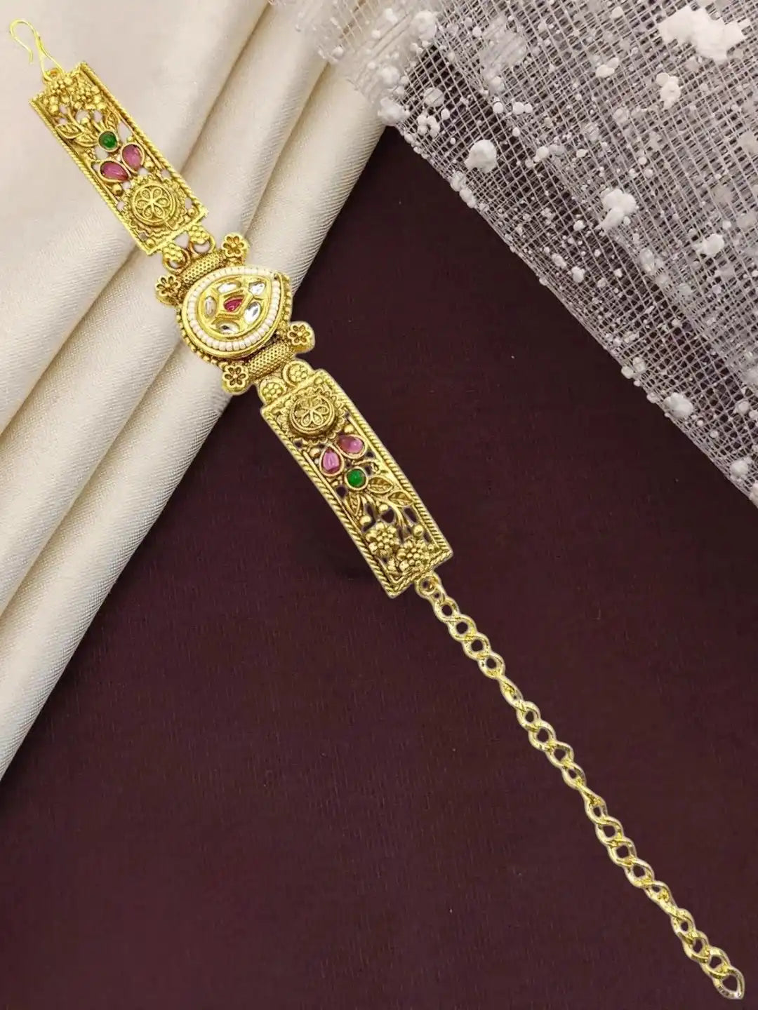 Gold Plated Kundan Rajwadi Adjustable Bracelet