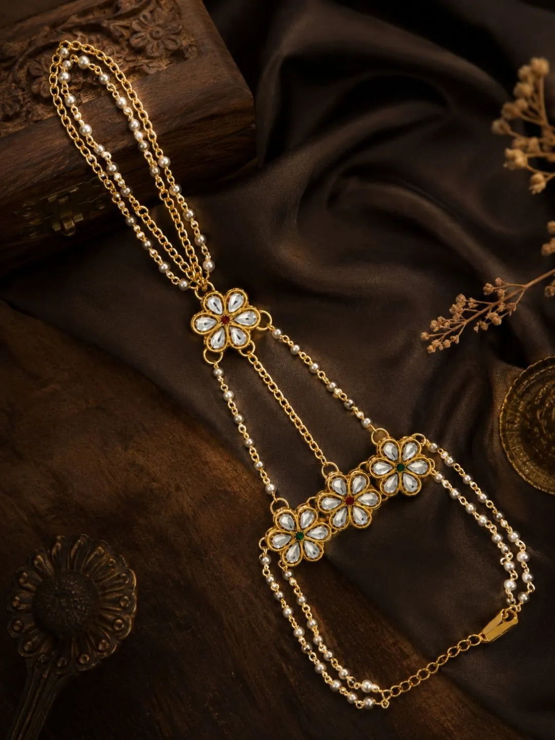 Gold-Plated Floral Motifs With Kundan Beads Ring Bracelet Women