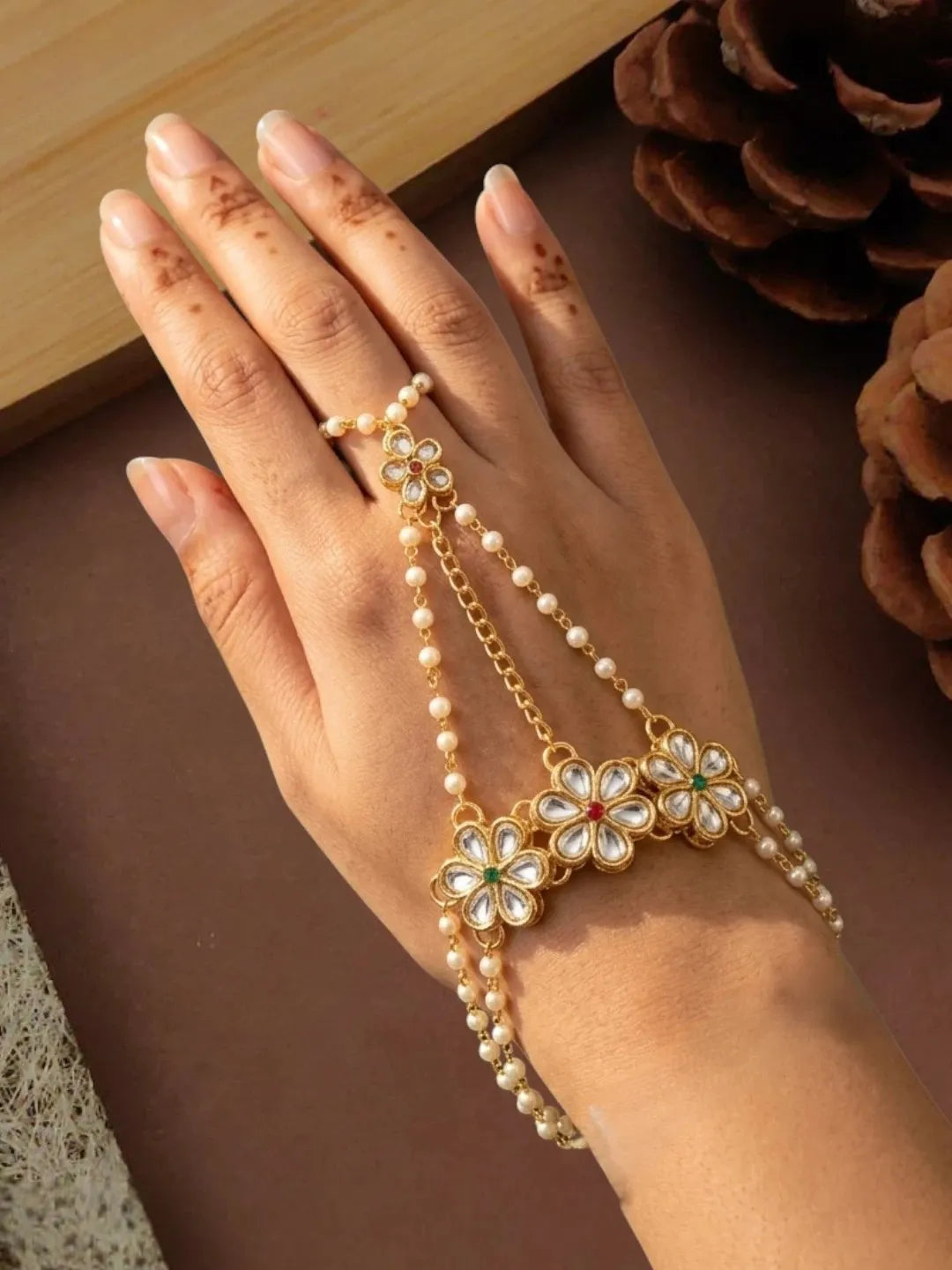 Gold-Plated Floral Motifs With Kundan Beads Ring Bracelet Women
