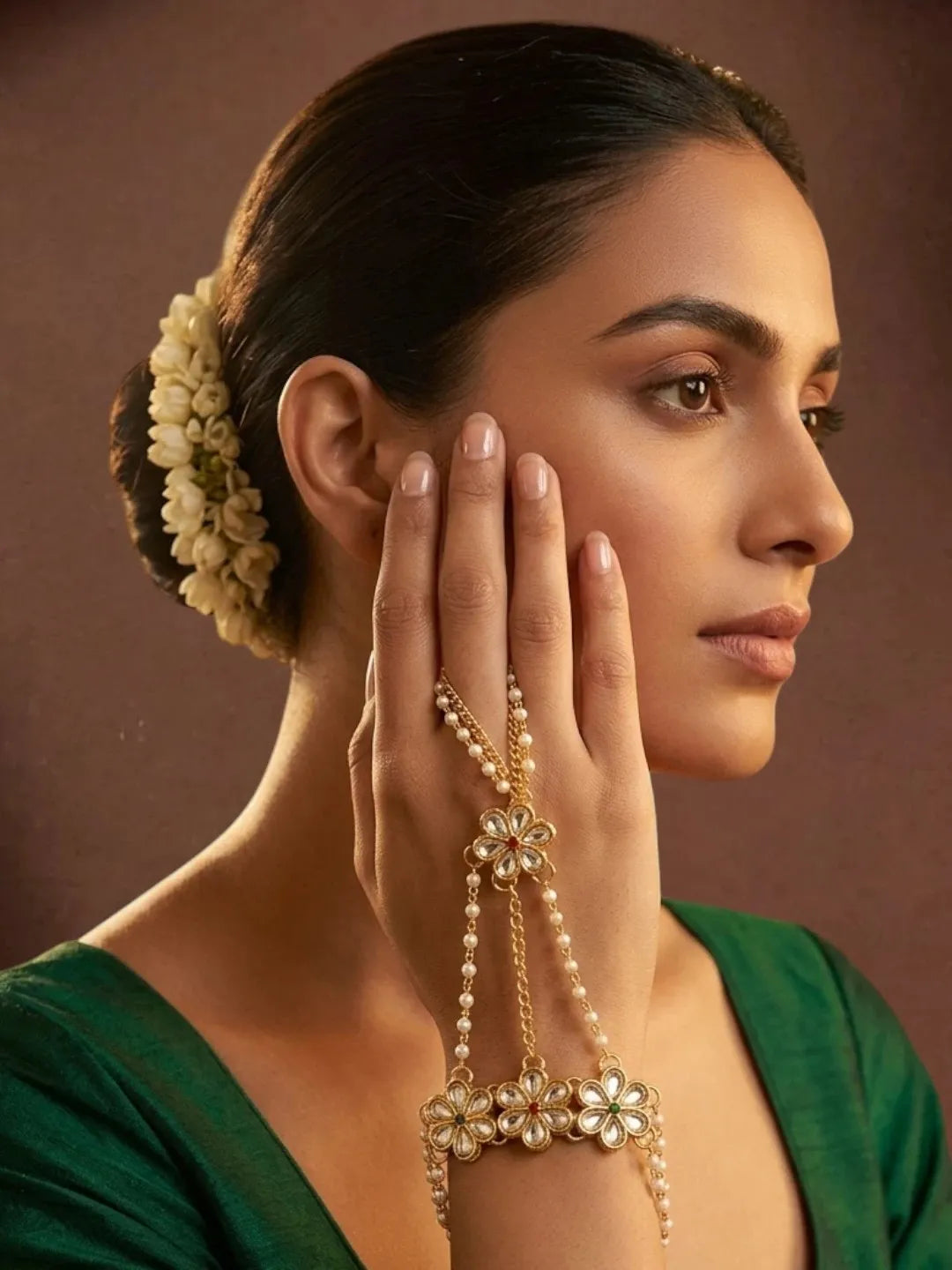 Gold-Plated Floral Motifs With Kundan Beads Ring Bracelet Women