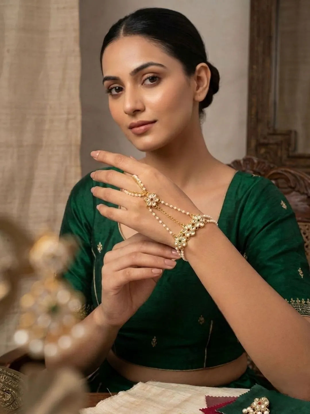 Gold-Plated Floral Motifs With Kundan Beads Ring Bracelet Women