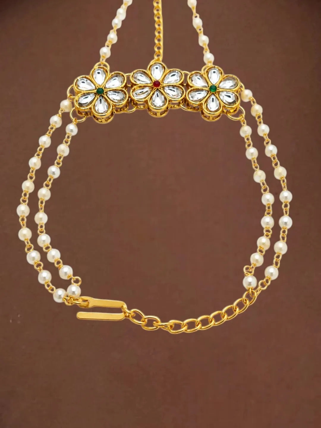 Gold-Plated Floral Motifs With Kundan Beads Ring Bracelet Women