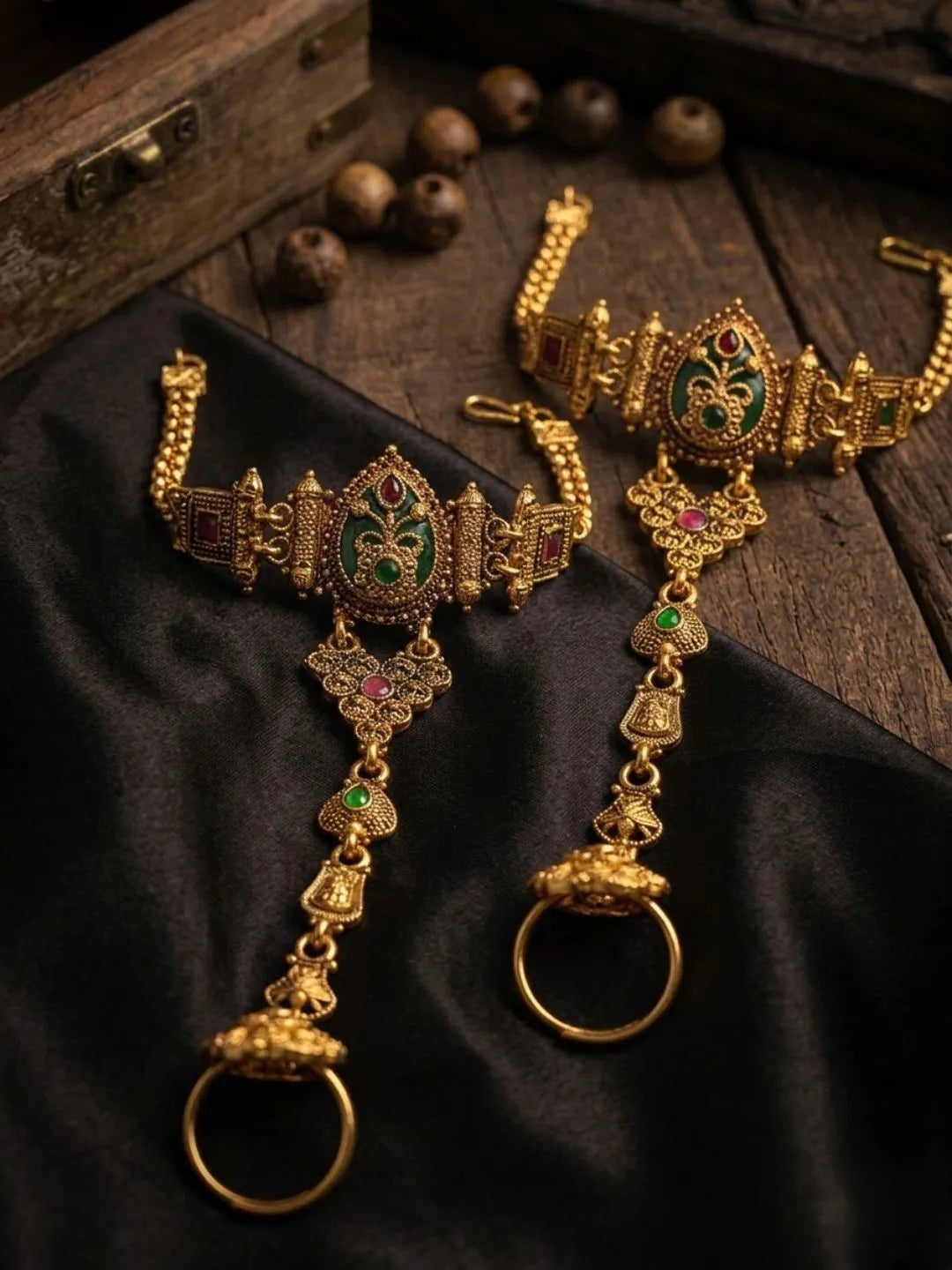 Set Of 2 Heritage Design Adjustable Hathphool Ring Bracelet