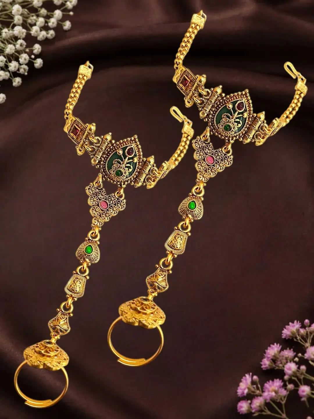 Set Of 2 Heritage Design Adjustable Hathphool Ring Bracelet
