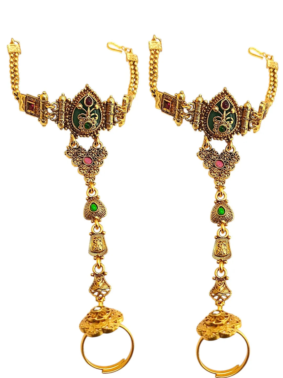 Set Of 2 Heritage Design Adjustable Hathphool Ring Bracelet