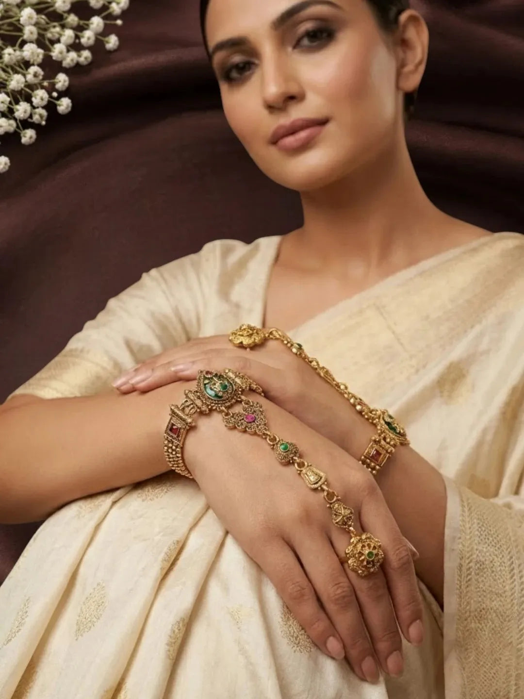 Set Of 2 Heritage Design Adjustable Hathphool Ring Bracelet