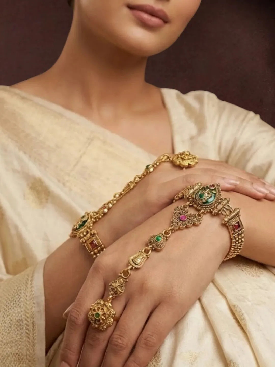 Set Of 2 Heritage Design Adjustable Hathphool Ring Bracelet