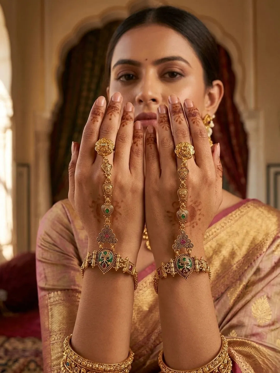 Set Of 2 Heritage Design Adjustable Hathphool Ring Bracelet