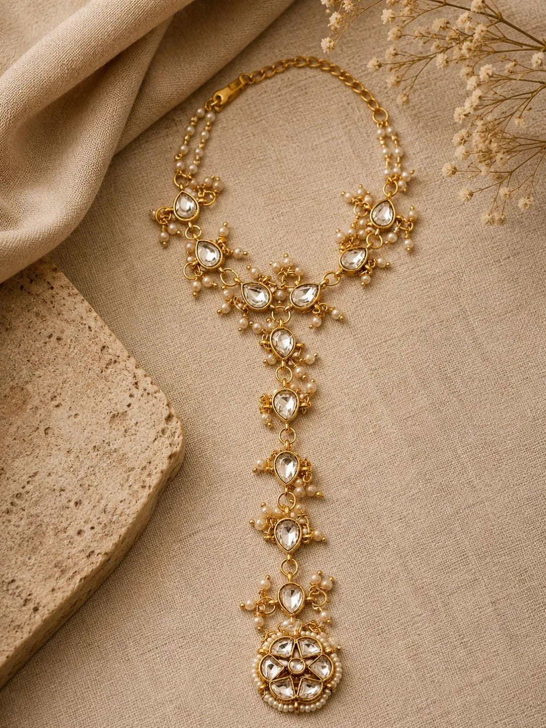 Gold Plated Kundan Hathphool Ring Bracelet