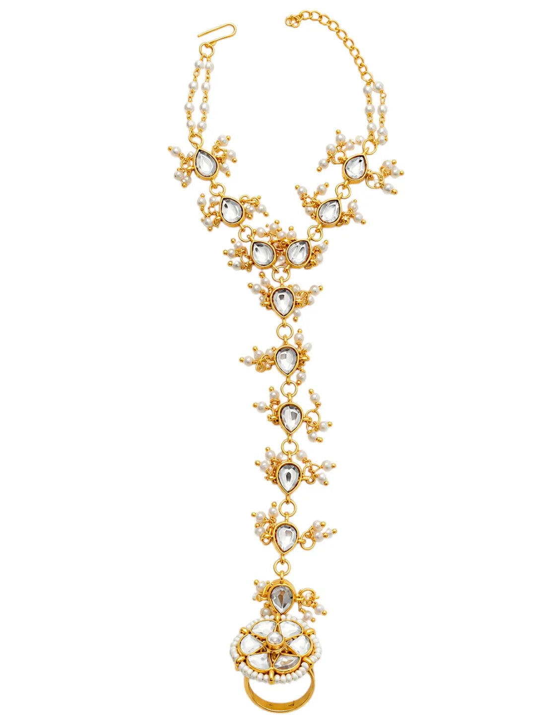 Gold Plated Kundan Hathphool Ring Bracelet