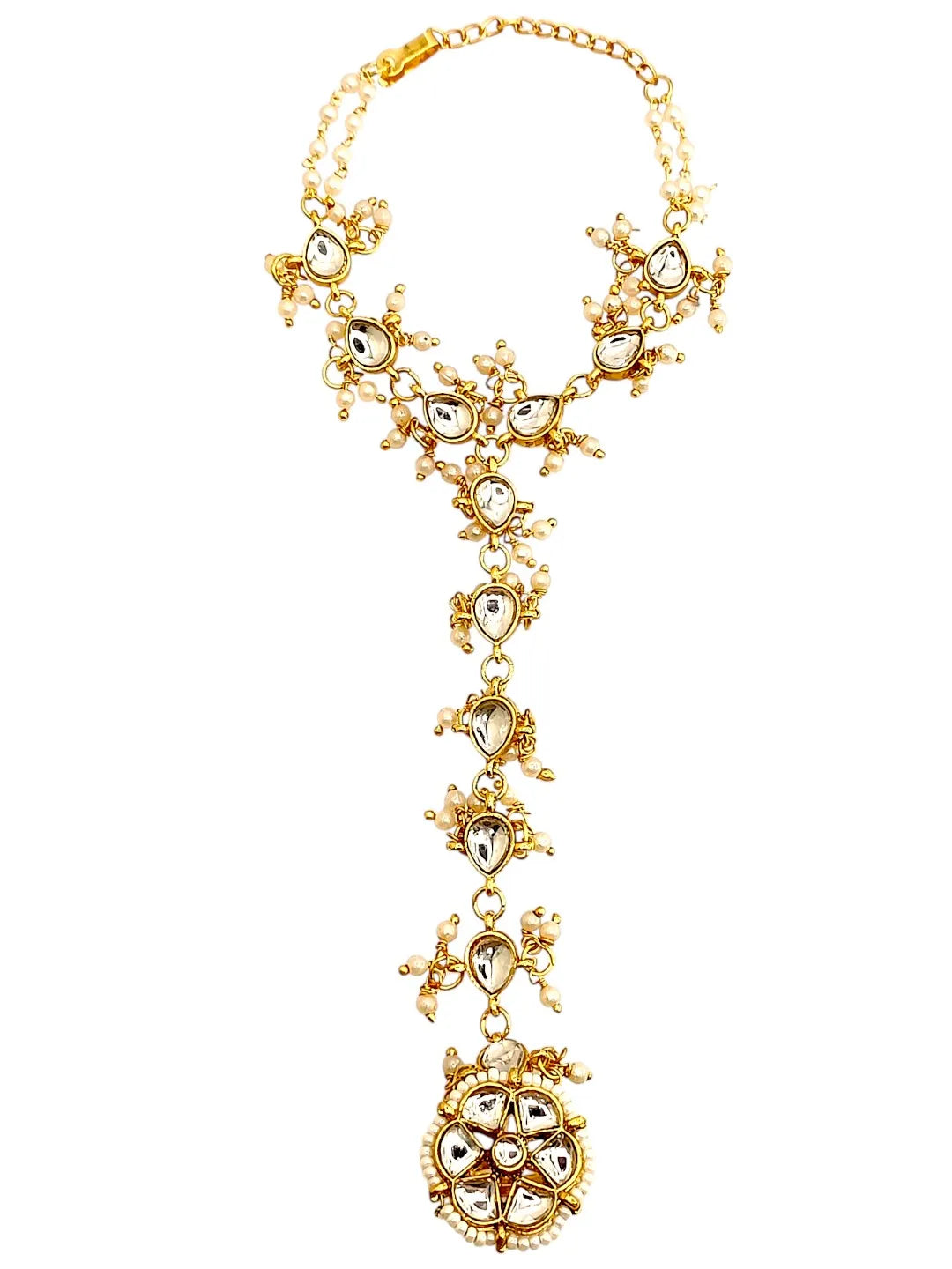 Gold Plated Kundan Hathphool Ring Bracelet