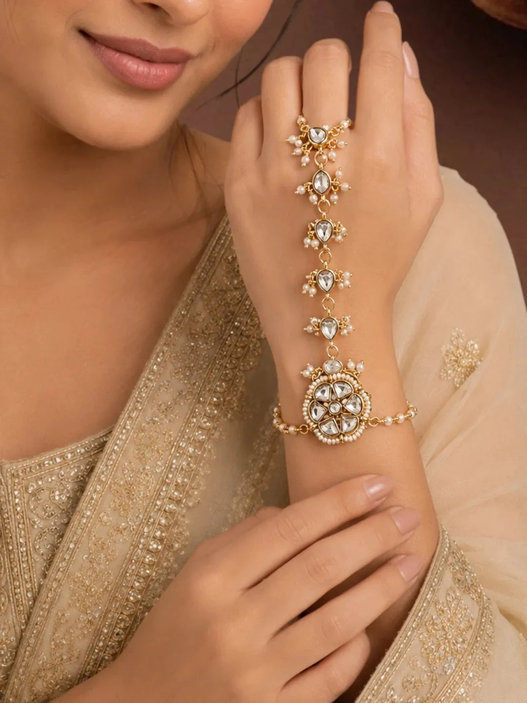 Gold Plated Kundan Hathphool Ring Bracelet