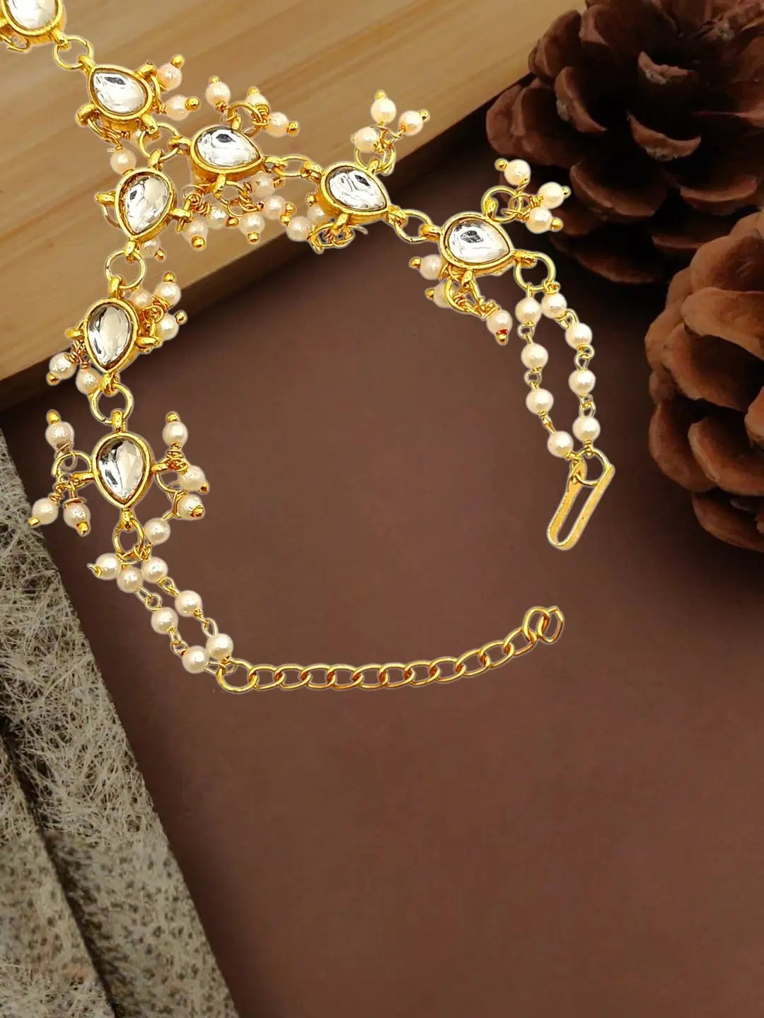 Gold Plated Kundan Hathphool Ring Bracelet