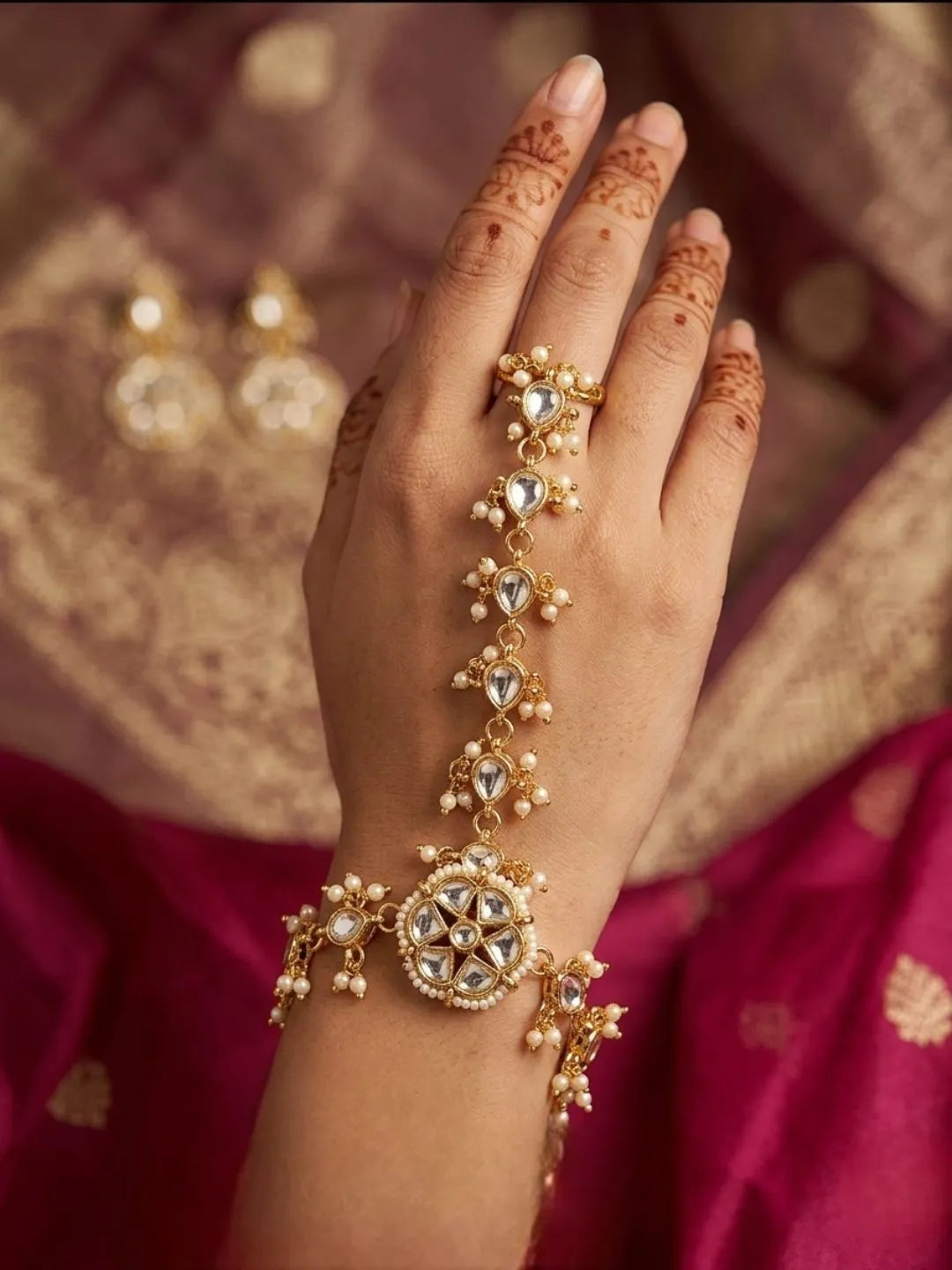 Gold Plated Kundan Hathphool Ring Bracelet