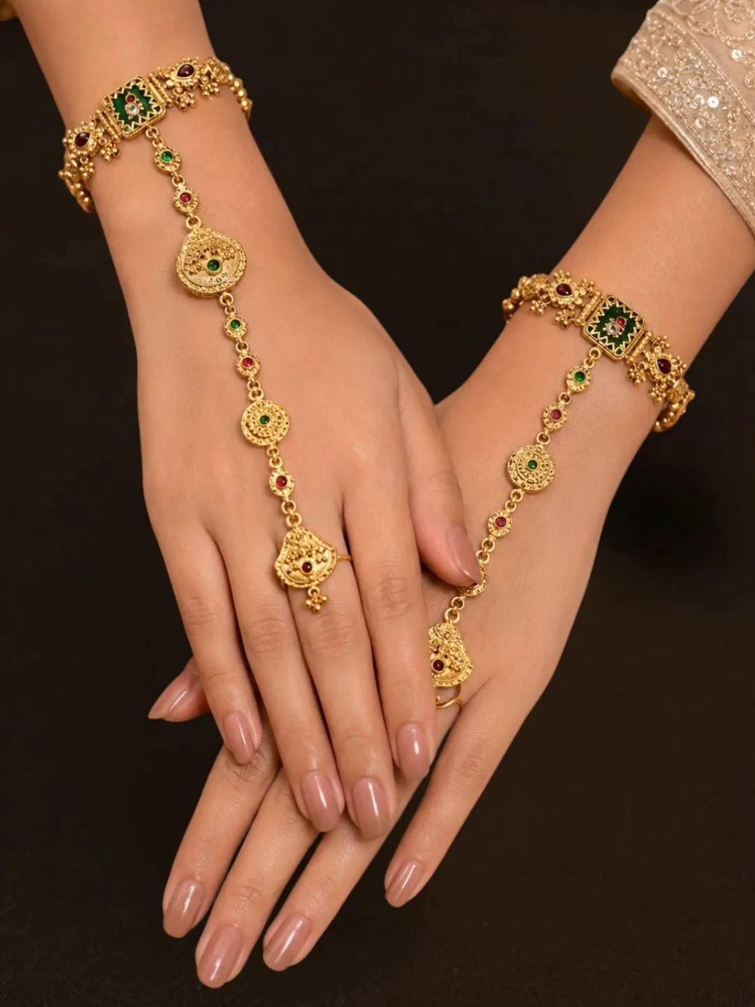Gold-Plated Ethnic Heritage Ring Bracelet Women