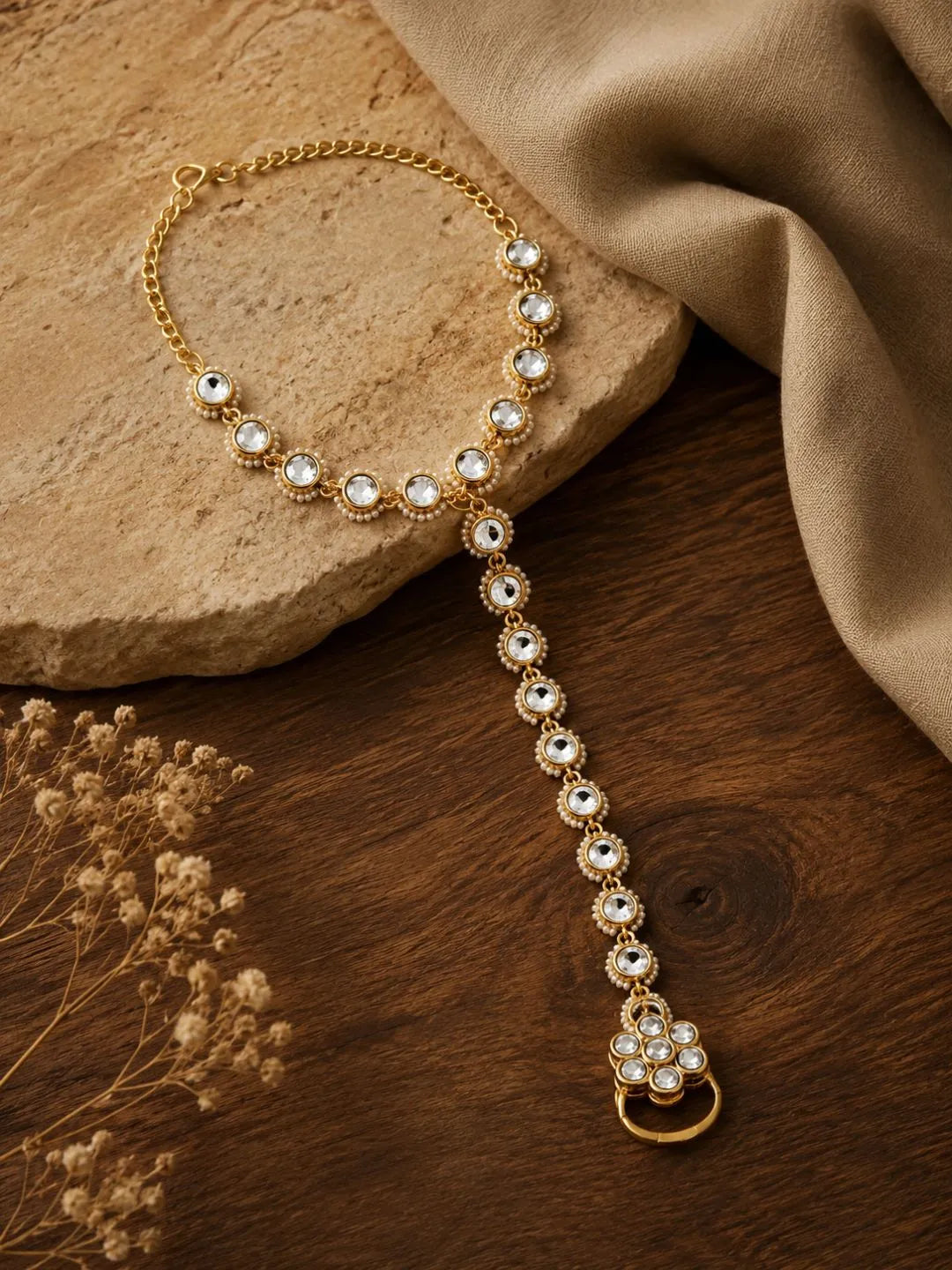 Gold-Plated Stone-Studded Motifs Ring Bracelet Women