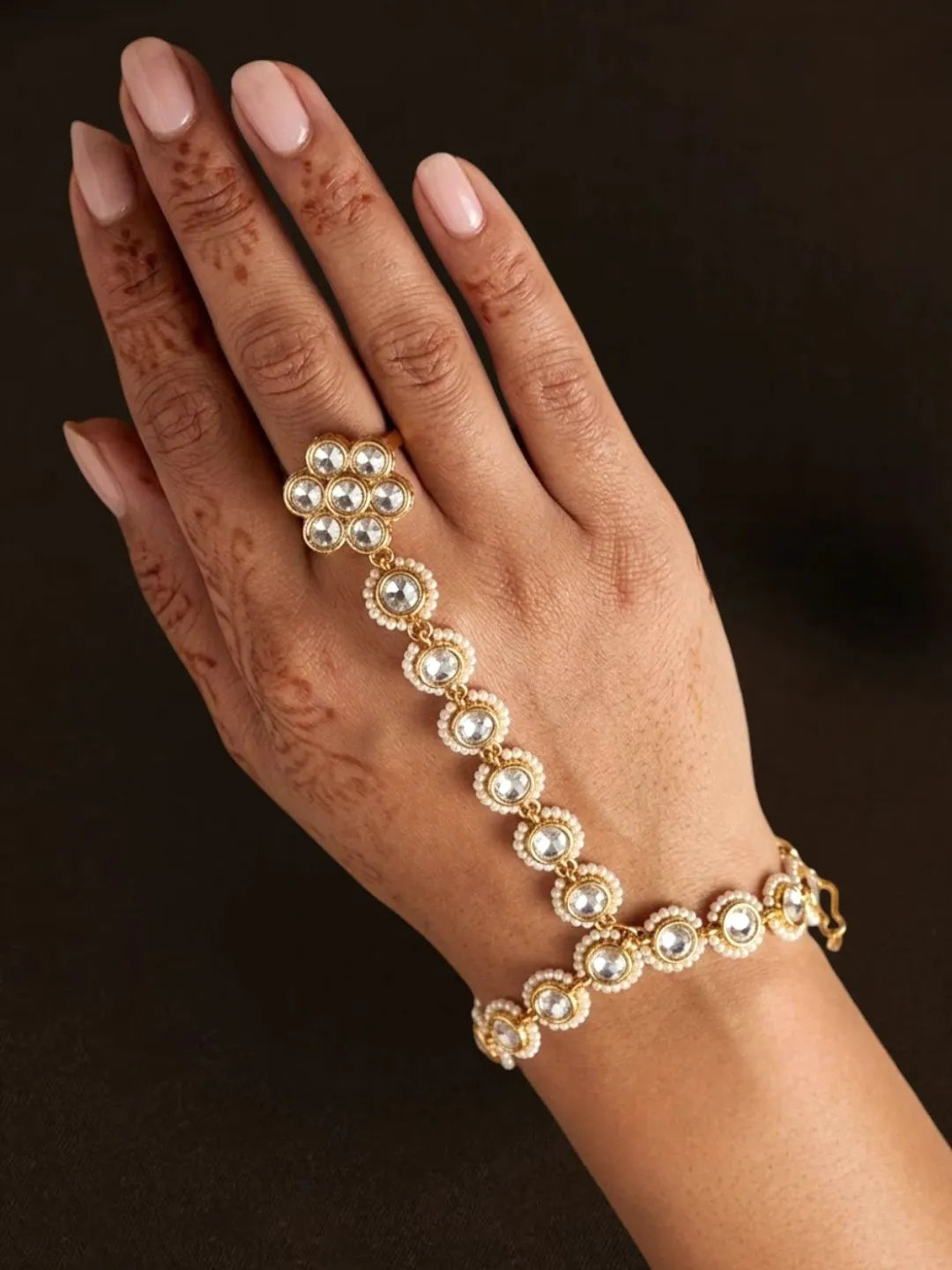 Gold-Plated Stone-Studded Motifs Ring Bracelet Women