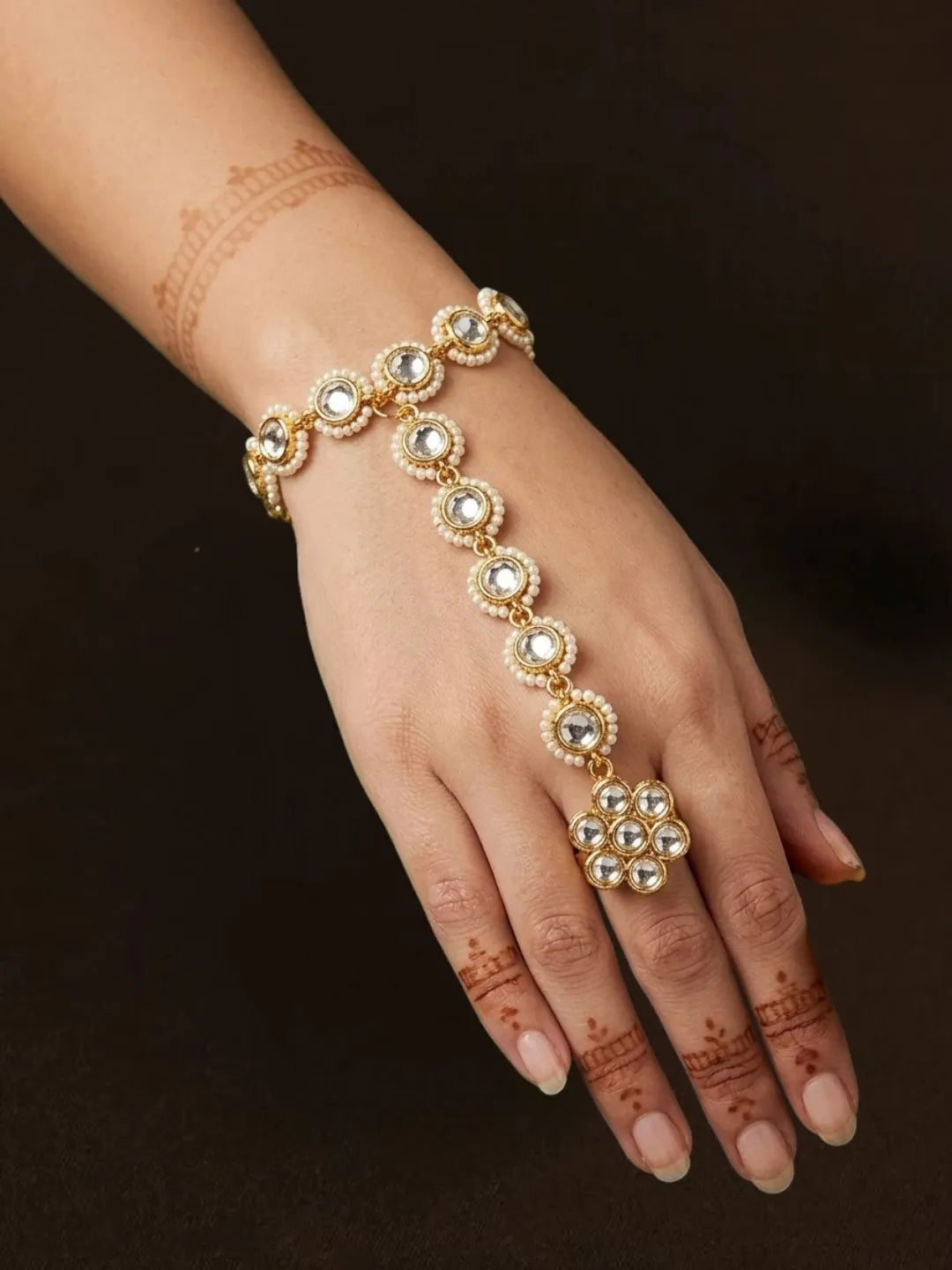 Gold-Plated Stone-Studded Motifs Ring Bracelet Women