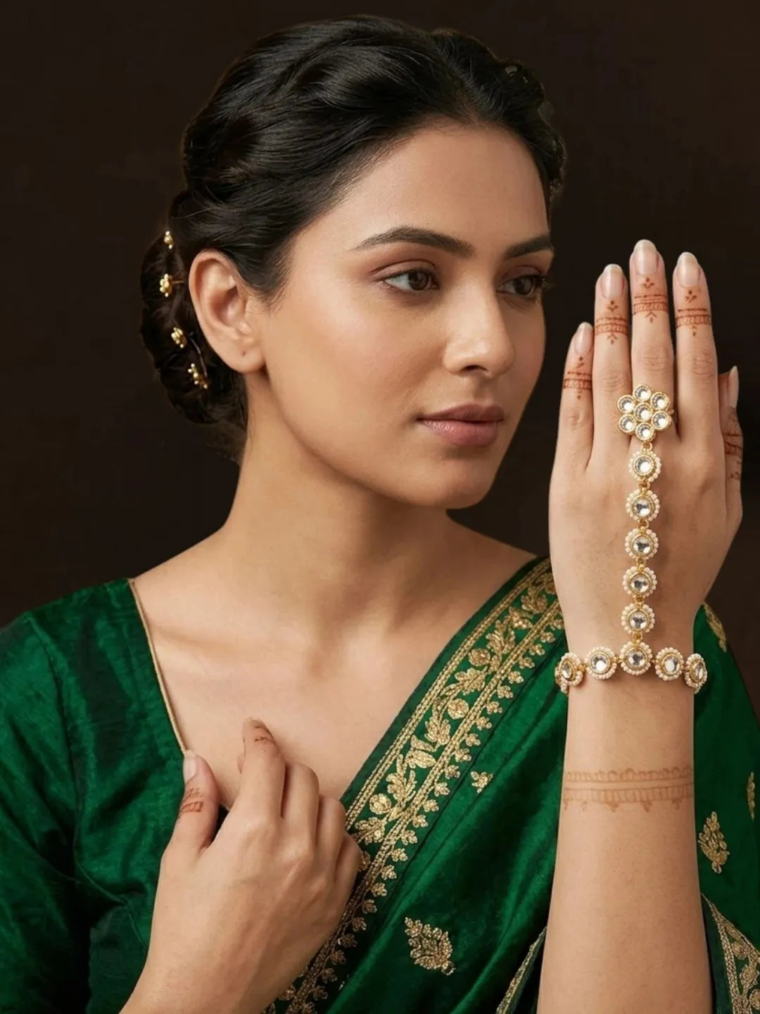 Gold-Plated Stone-Studded Motifs Ring Bracelet Women