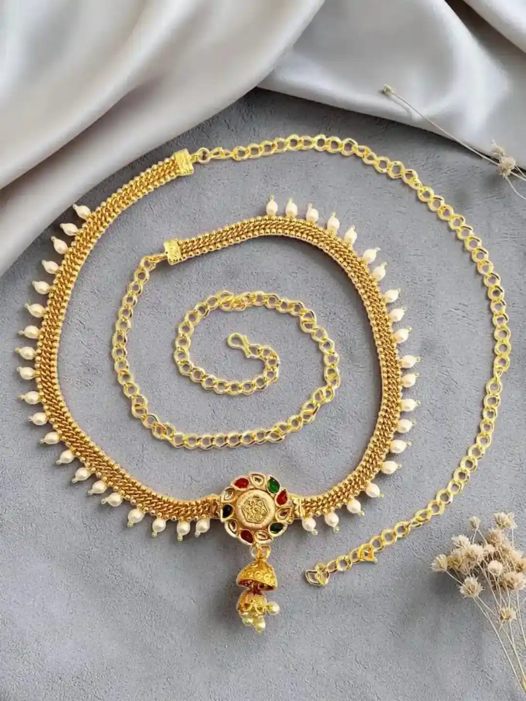 Gold Plated Kundan Beads Waist Chain Kamarbandh