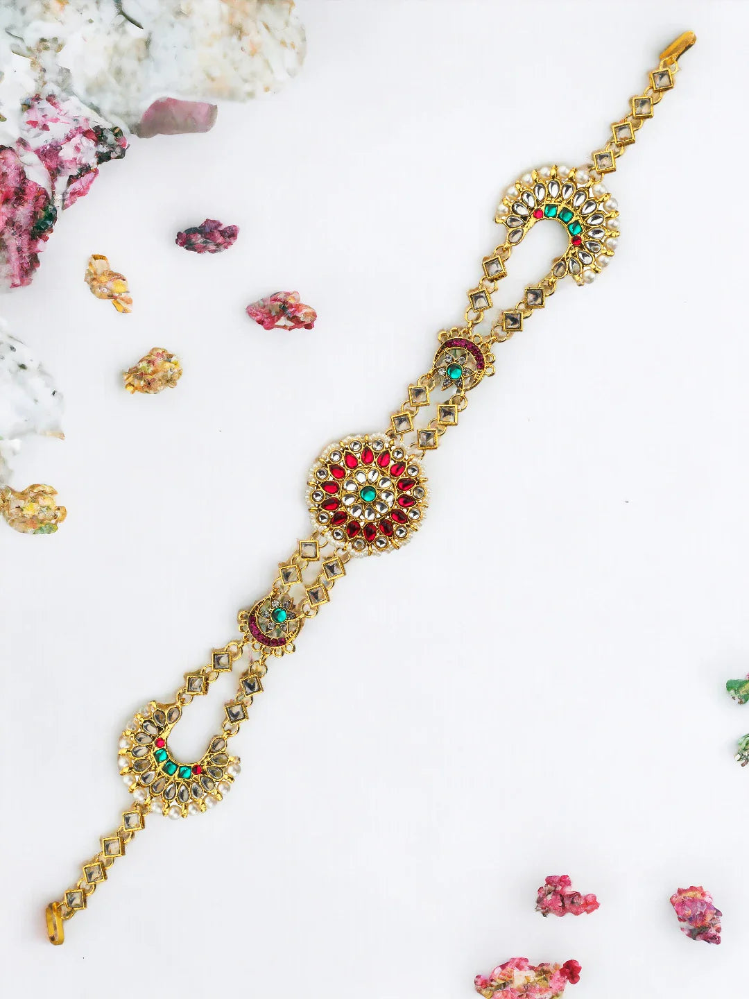 Rajwadi Pink Green Kundan Bridal Mathapatti Sheeshphool