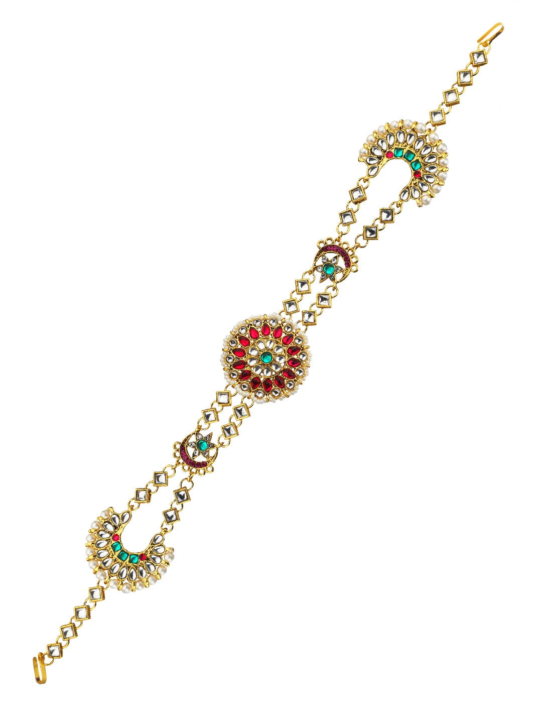 Rajwadi Pink Green Kundan Bridal Mathapatti Sheeshphool