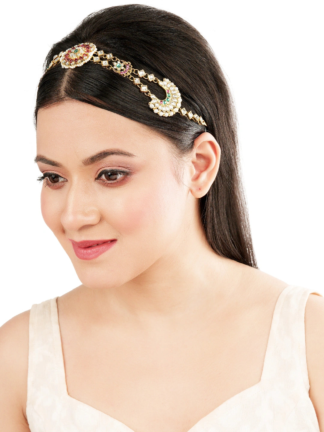 Rajwadi Pink Green Kundan Bridal Mathapatti Sheeshphool