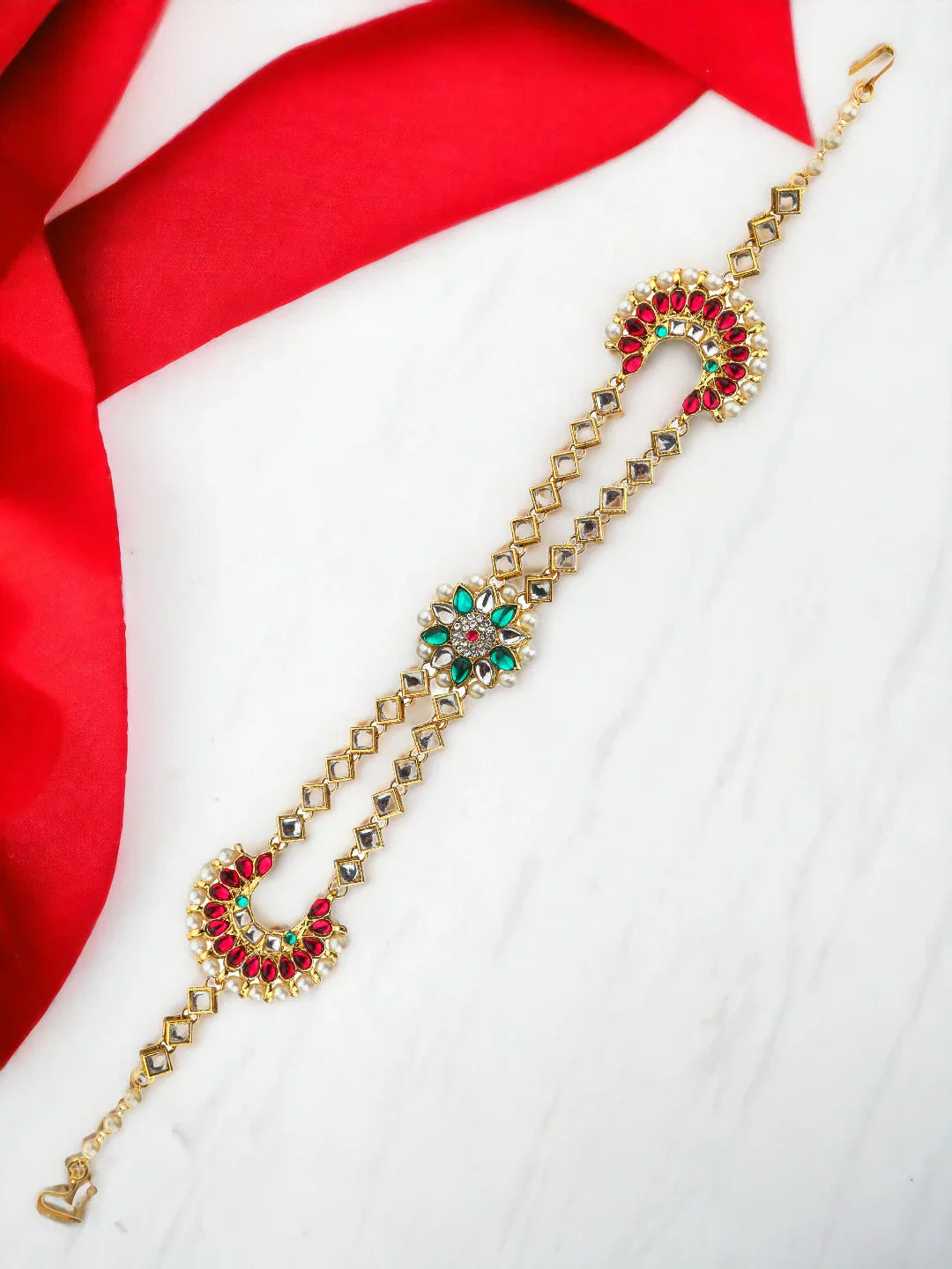 Ornate Pink Green Kundan Bridal Mathapatti Sheeshphool