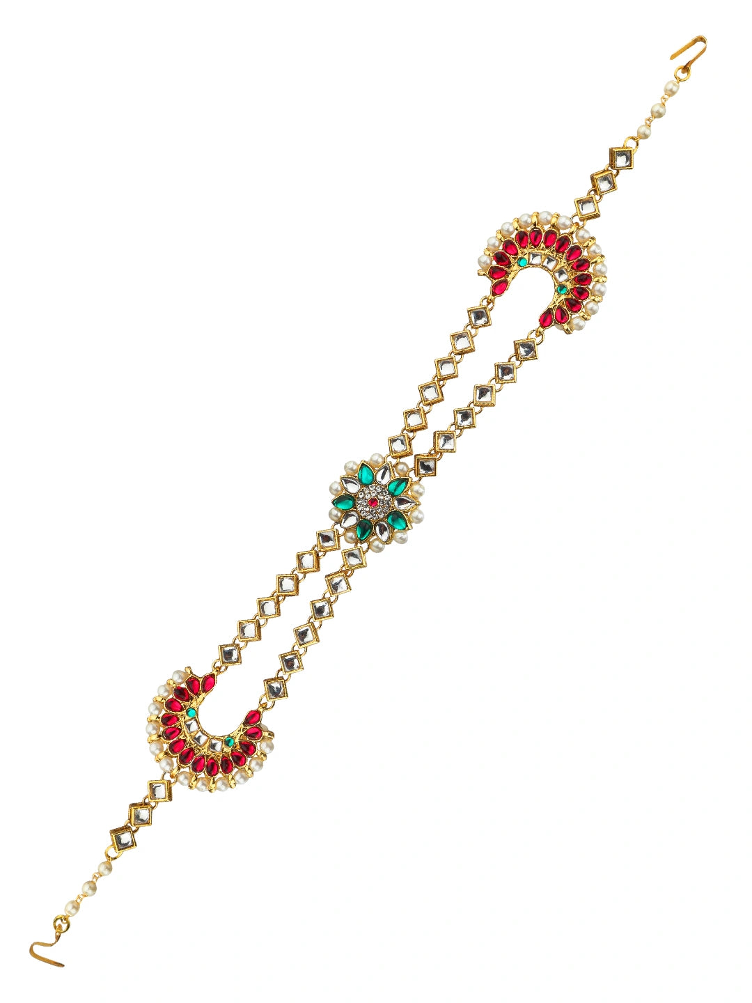 Ornate Pink Green Kundan Bridal Mathapatti Sheeshphool