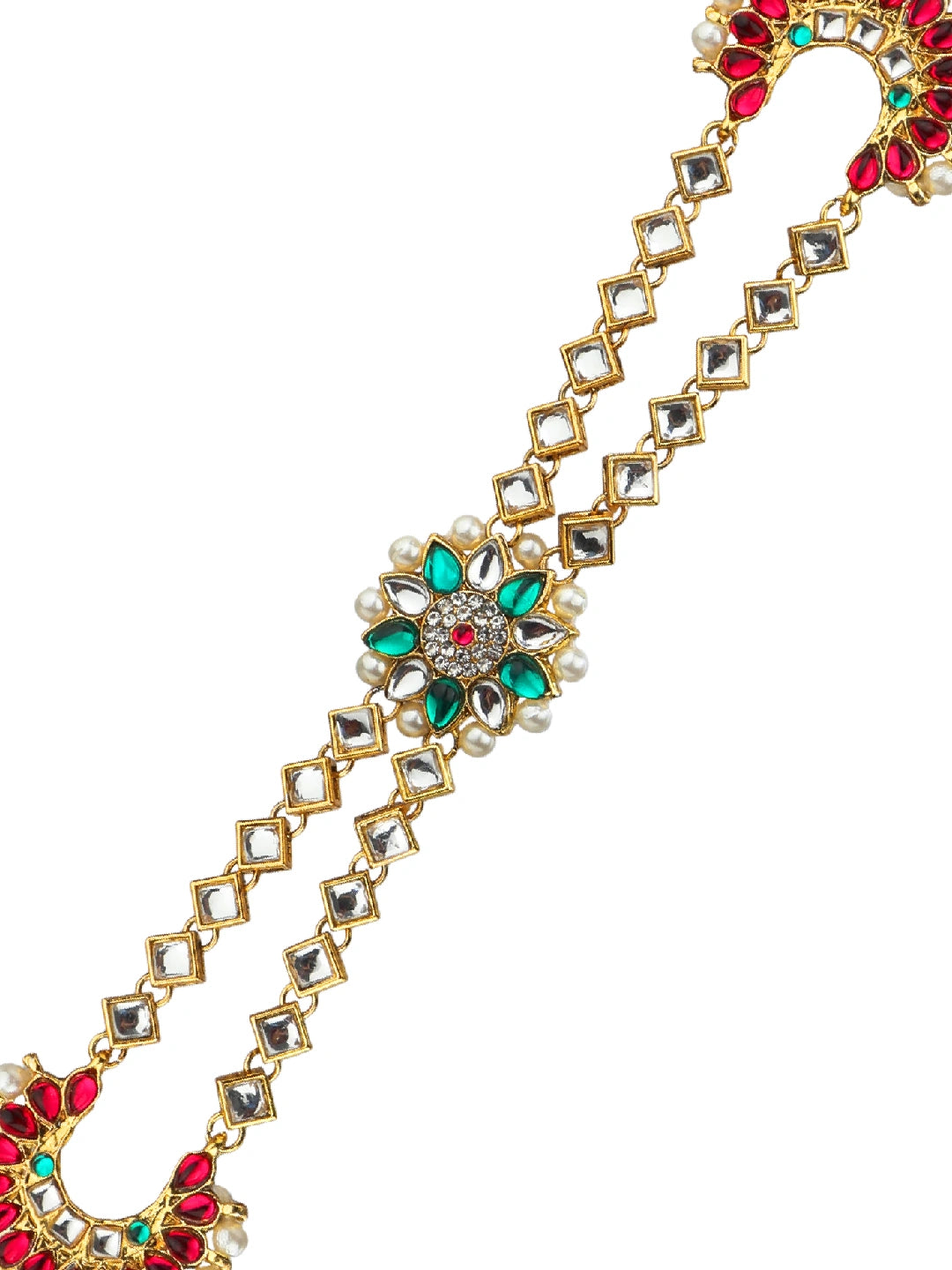 Ornate Pink Green Kundan Bridal Mathapatti Sheeshphool