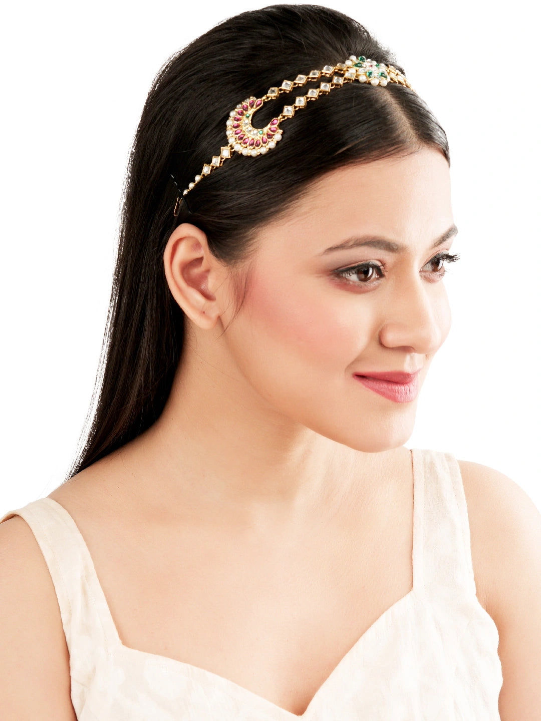 Ornate Pink Green Kundan Bridal Mathapatti Sheeshphool