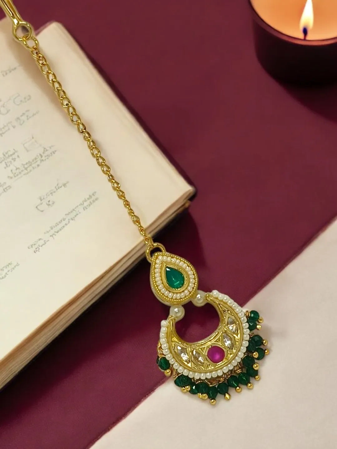 Gold-Plated Artificial Stones and Beads Studded Maang Tikka Head Jewellery
