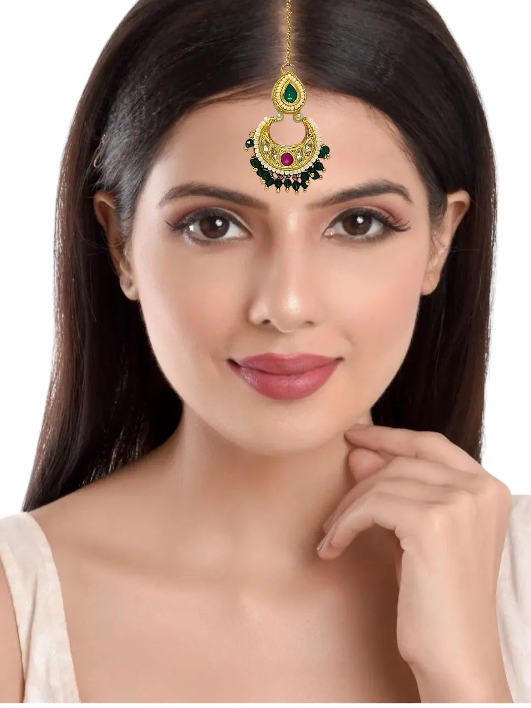 Gold-Plated Artificial Stones and Beads Studded Maang Tikka Head Jewellery